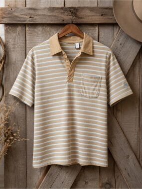 Wrangler vintage Striped Polo Shirt Beige Blue Short Sleeve men’s size medium‎